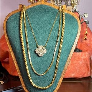 Gold-Tone Layered Chain Necklace with CZ Diamond Pendant